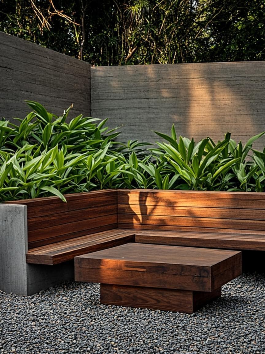 Built-in tropical timber bench against a warm concrete wall with layered green foliage