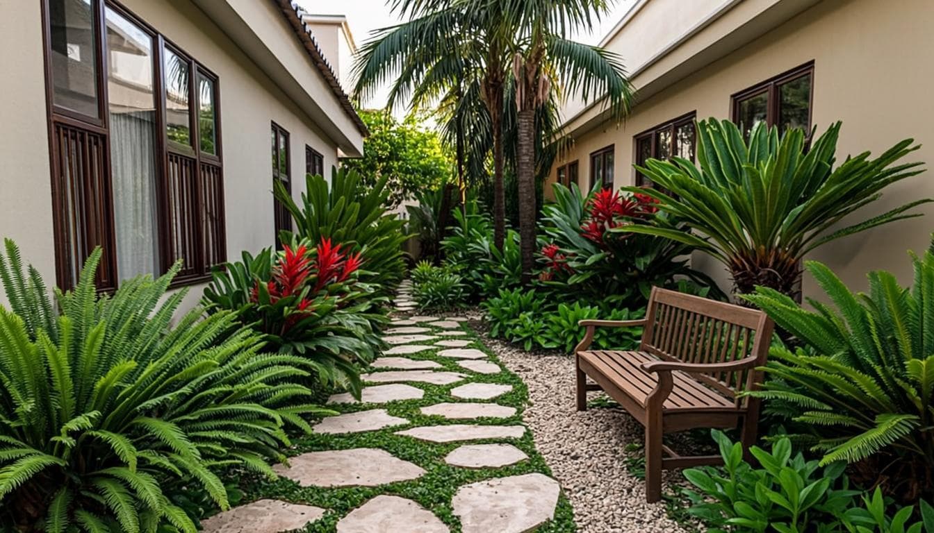 Narrow side-yard tropical courtyard with stepping stone route, layered shade planting and built-in timber bench