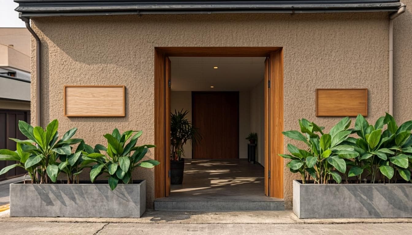 Calm small commercial entrance with structured planter beds of tropical foliage and a clean pedestrian approach