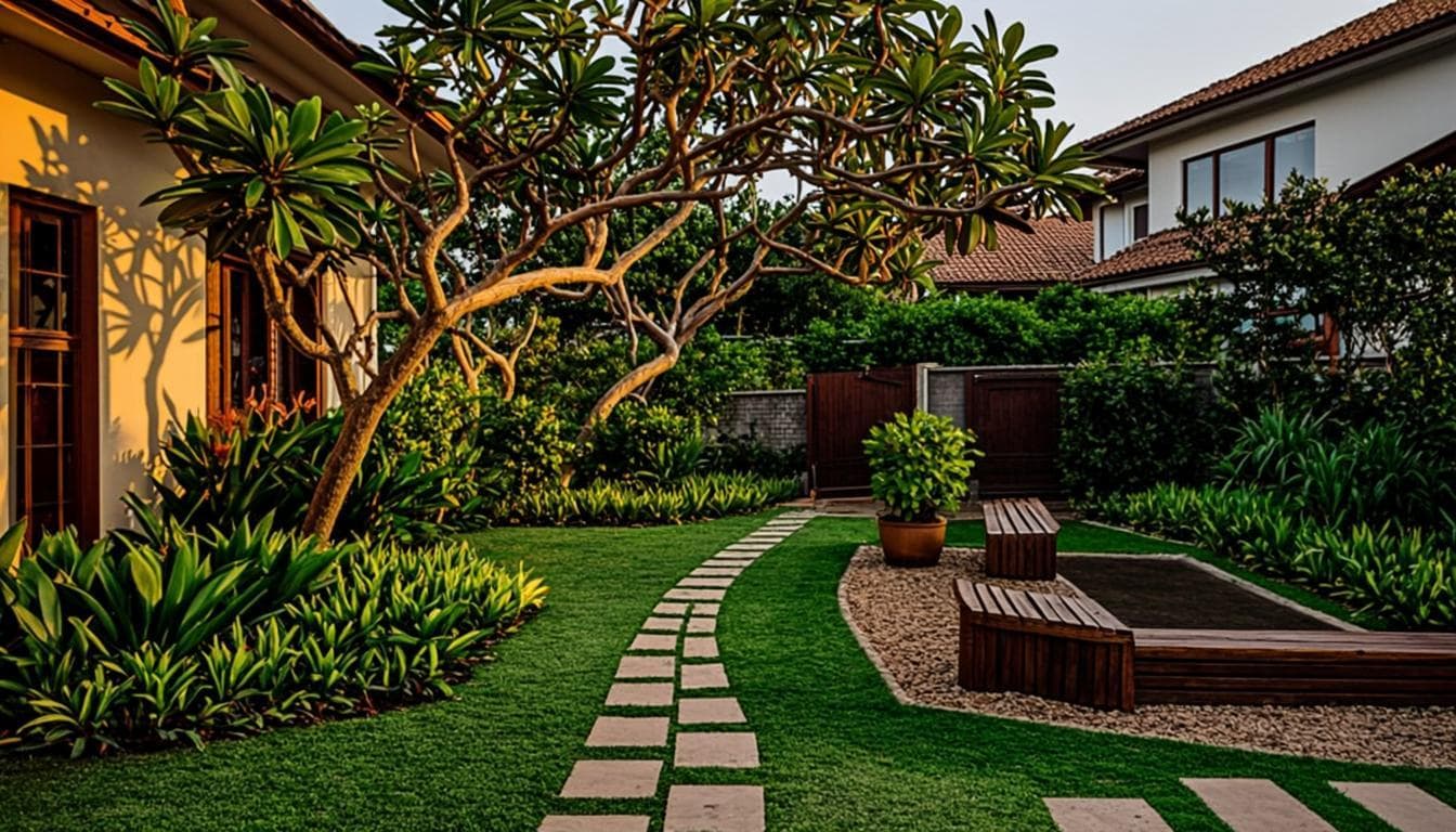 Dramatic evening view of a landscaped Malaysian terrace house front garden with layered tropical planting and stepping stones