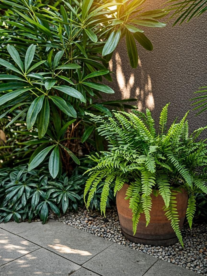Quiet Malaysian courtyard garden corner in dappled shade with limestone pavers, terracotta pot and ferns