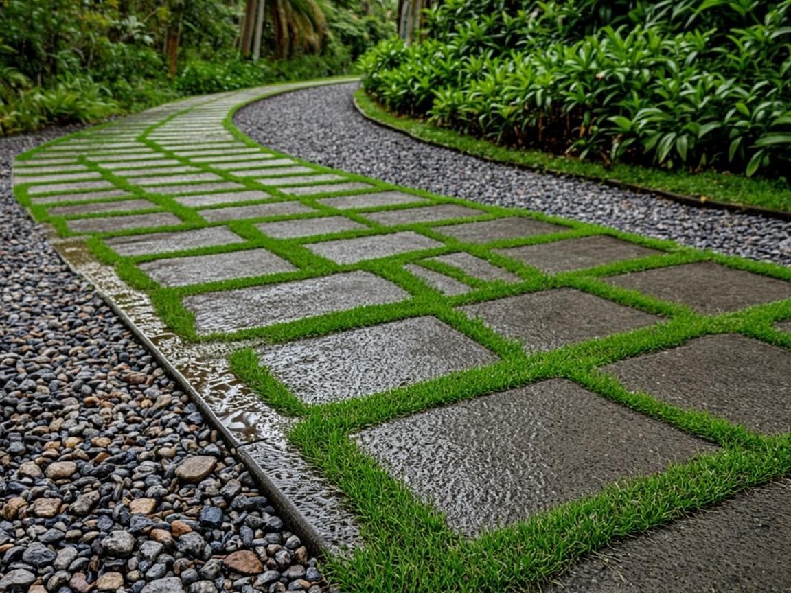 Permeable grass-concrete pavers with gravel joints meeting a granular path and low border planting