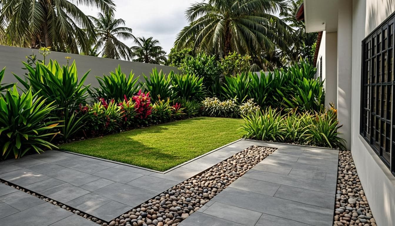 Reworked rear garden with permeable paver terrace, lawn pocket, structured tropical borders and a stone swale line