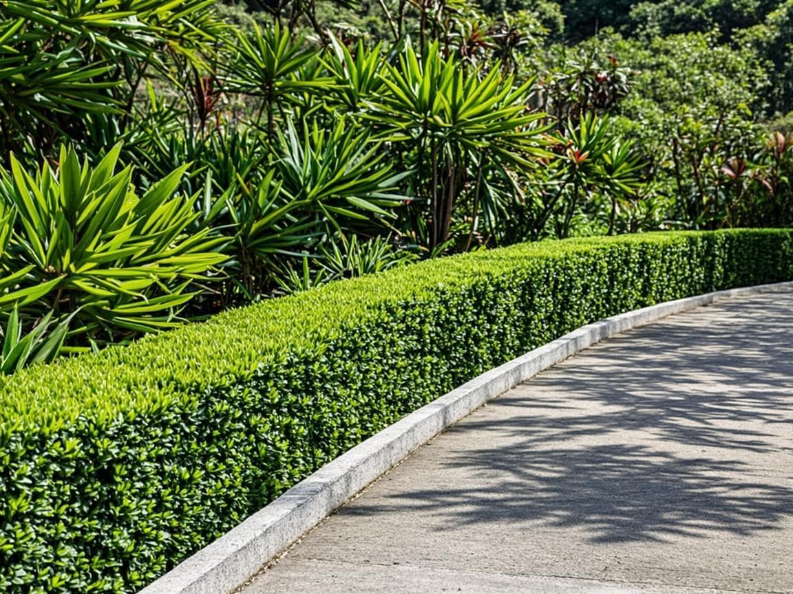 Neatly maintained tropical garden edge with trimmed hedge, clean stone edging and swept concrete path