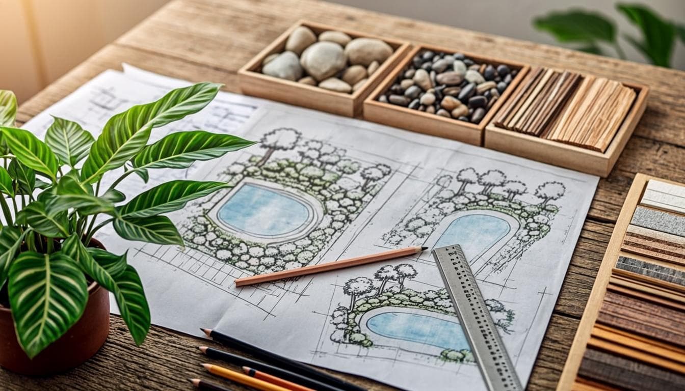 Landscape studio table with working drawings, planting plans and material samples spread out under warm light