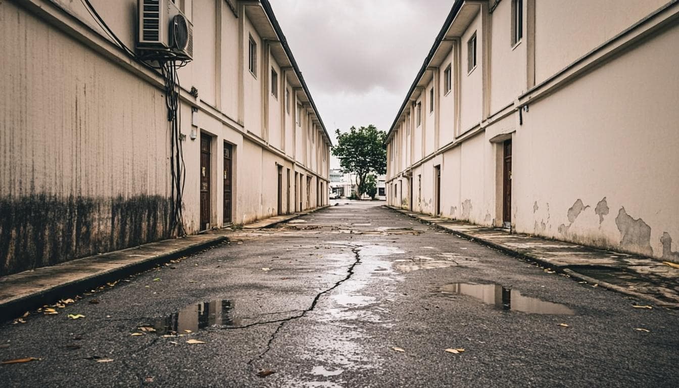 Illustrative existing condition — cracked, stained concrete frontage with bare walls and standing water
