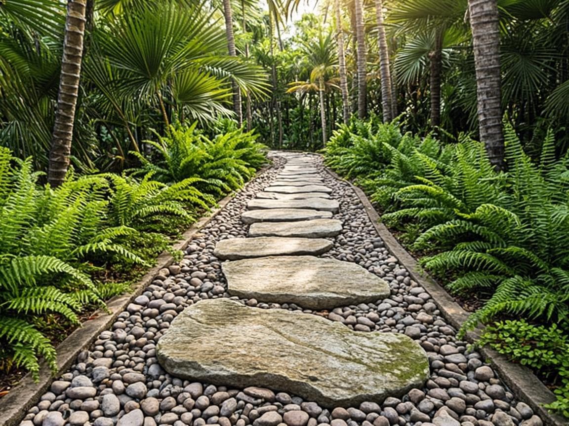 Stepping-stone surface study — irregular stone flags set in a drained pebble bed