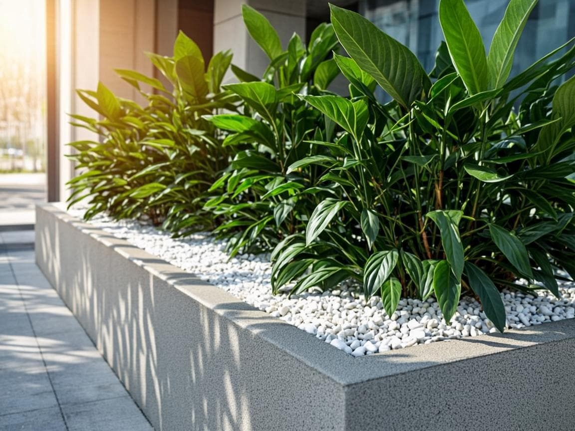 Planter edge study — warm concrete raised planter with a gravel joint and low planting