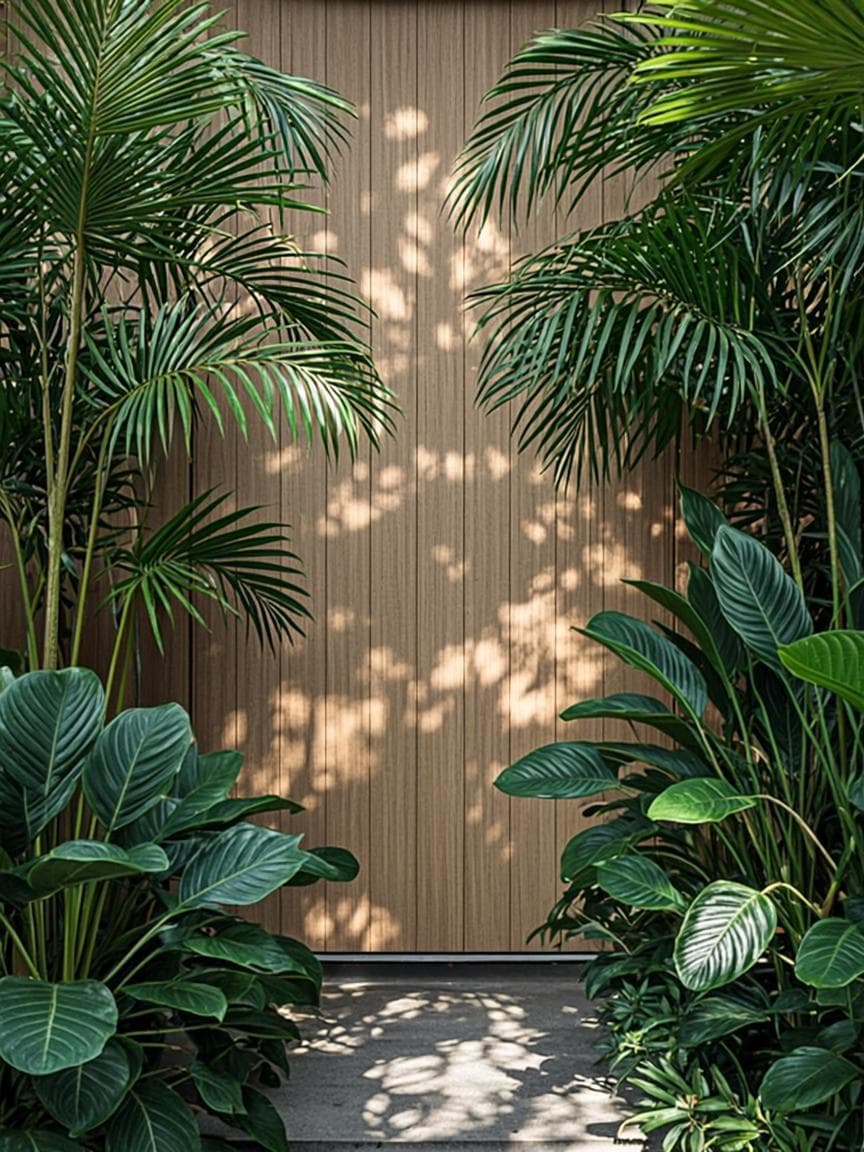 Timber screen study — vertical timber boarding with planting shadow falling across it