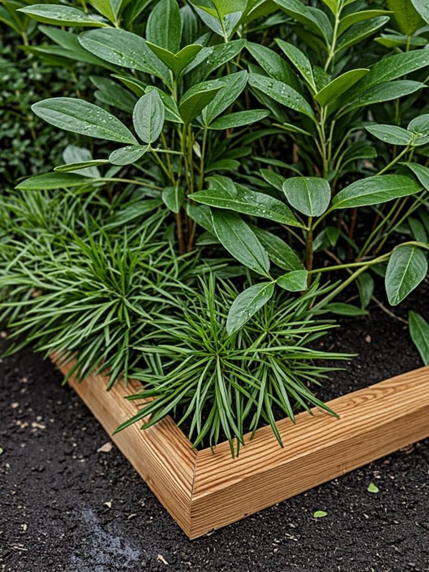 Layered tropical planting behind a timber edge — broadleaf structure above fine-textured groundcover and fresh dark mulch