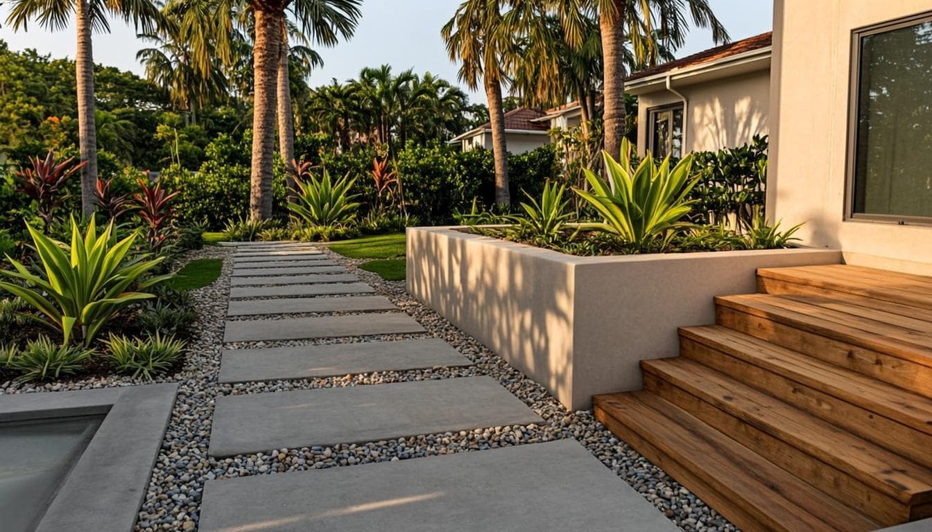 Newly built garden hardscape with warm concrete paving bands, gravel joints and low rendered planter walls
